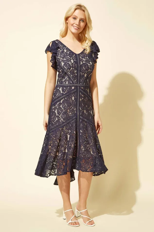 Navy Lace Hi Low Hem Midi Dress Women Roman Dresses