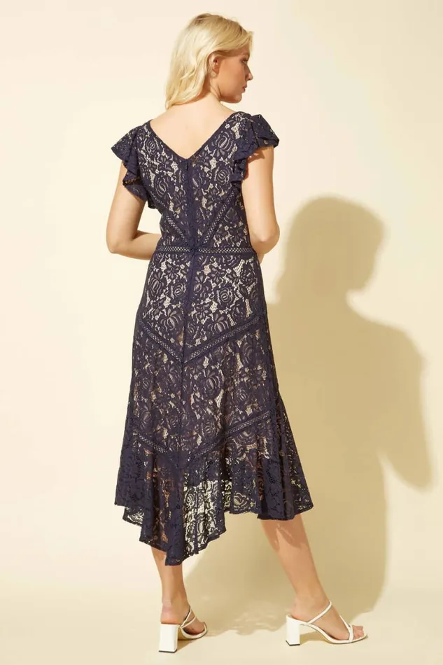 Navy Lace Hi Low Hem Midi Dress Women Roman Dresses