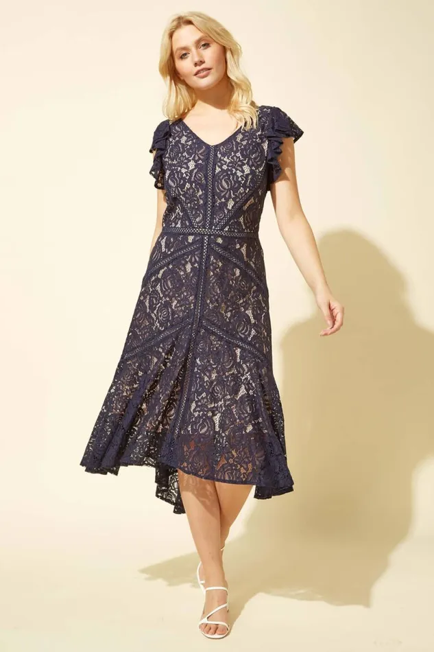 Navy Lace Hi Low Hem Midi Dress Women Roman Dresses