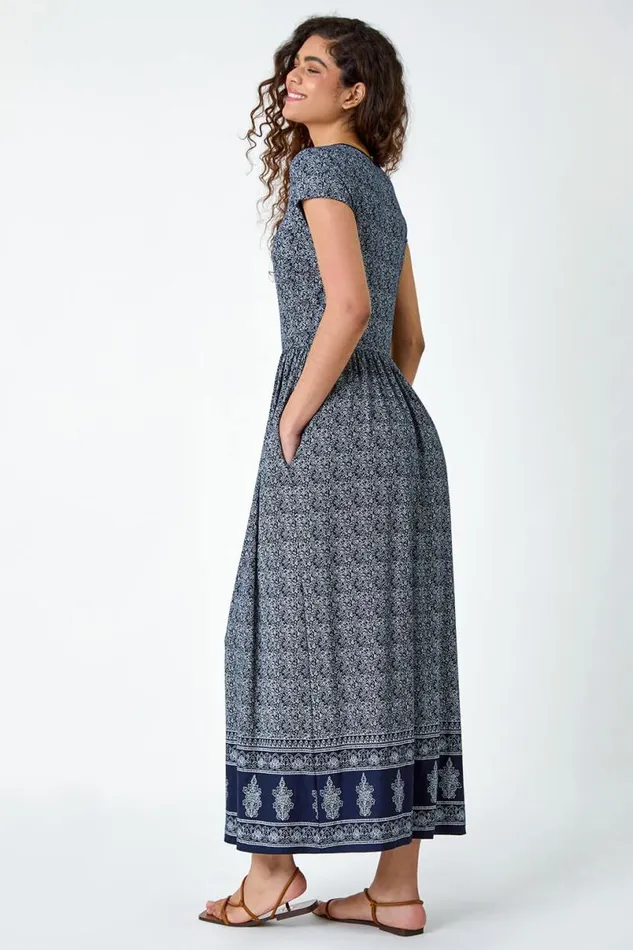 Navy Paisley Relaxed Stretch Maxi Dress Women Roman Dresses