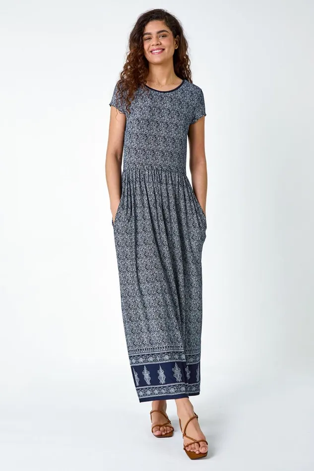 Navy Paisley Relaxed Stretch Maxi Dress Women Roman Dresses