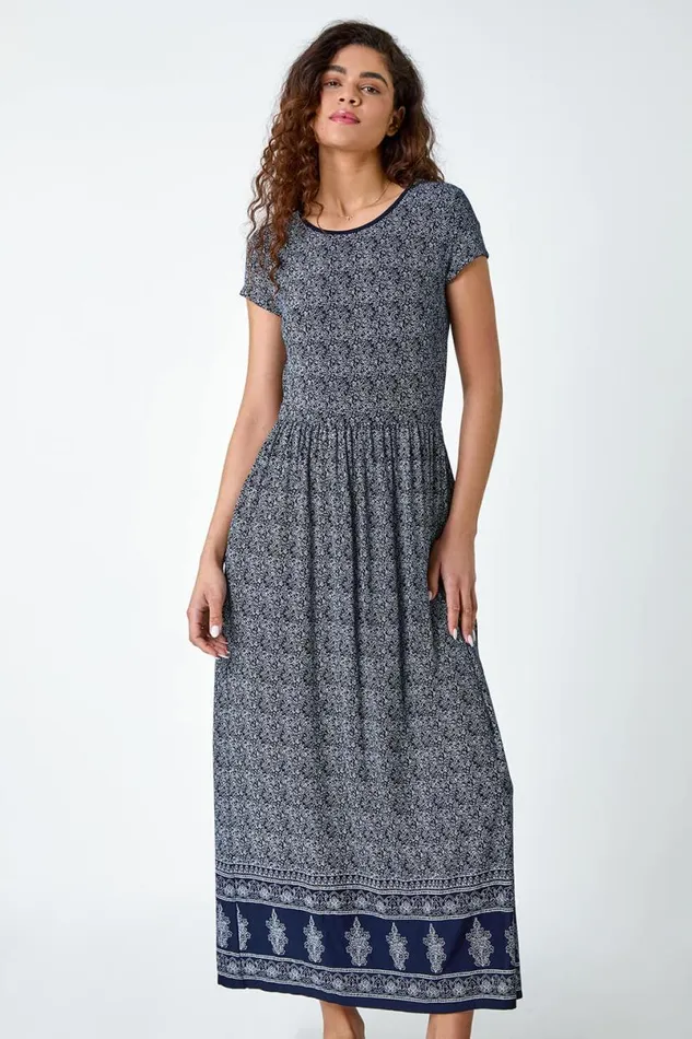 Navy Paisley Relaxed Stretch Maxi Dress Women Roman Dresses