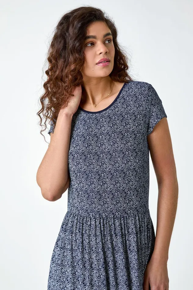 Navy Paisley Relaxed Stretch Maxi Dress Women Roman Dresses