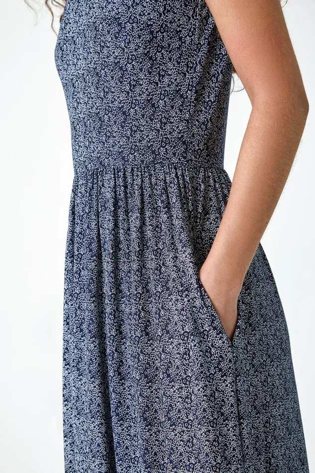 Navy Paisley Relaxed Stretch Maxi Dress Women Roman Dresses