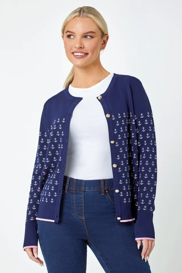 Navy Petite Anchor Embroidered Cardigan Women Roman Knitwear
