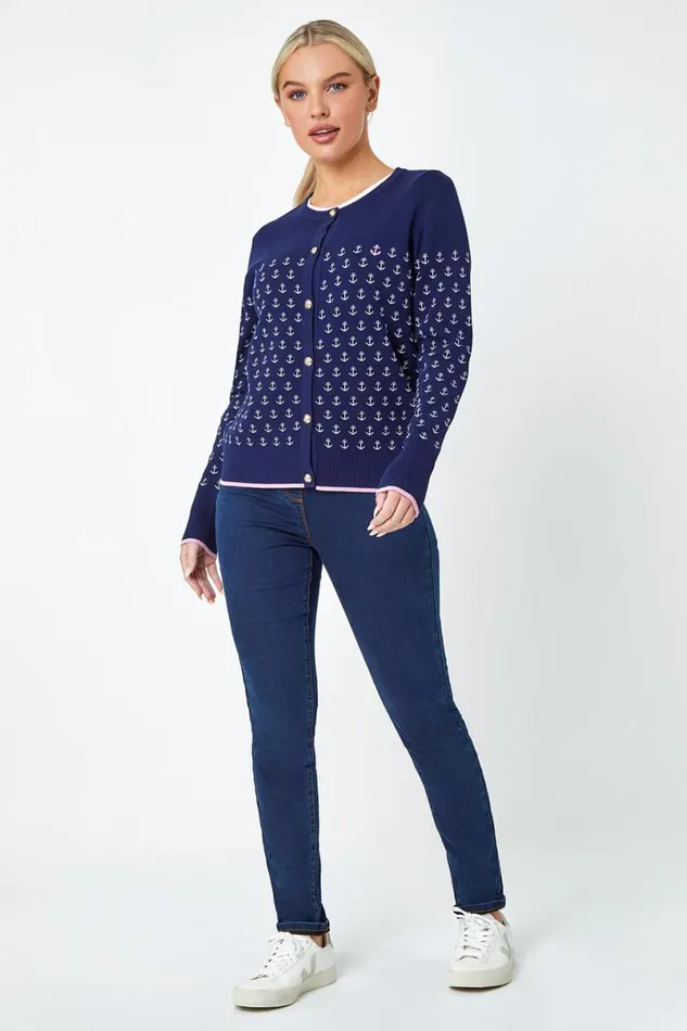 Navy Petite Anchor Embroidered Cardigan Women Roman Knitwear
