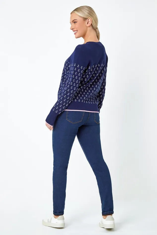 Navy Petite Anchor Embroidered Cardigan Women Roman Knitwear
