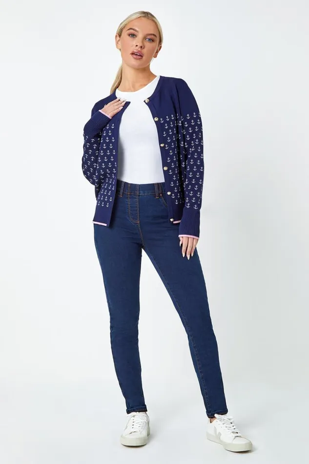 Navy Petite Anchor Embroidered Cardigan Women Roman Knitwear