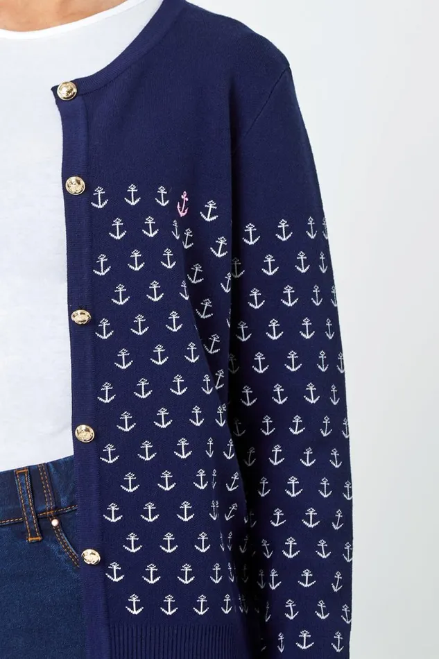 Navy Petite Anchor Embroidered Cardigan Women Roman Knitwear