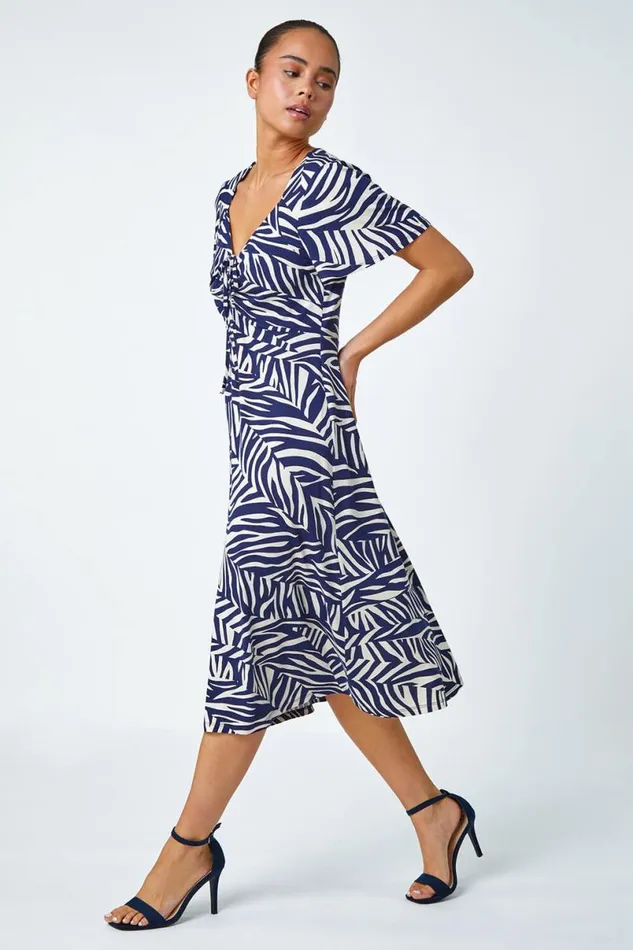 Navy Petite Animal Stretch Gathered Midi Dress Women Roman Dresses