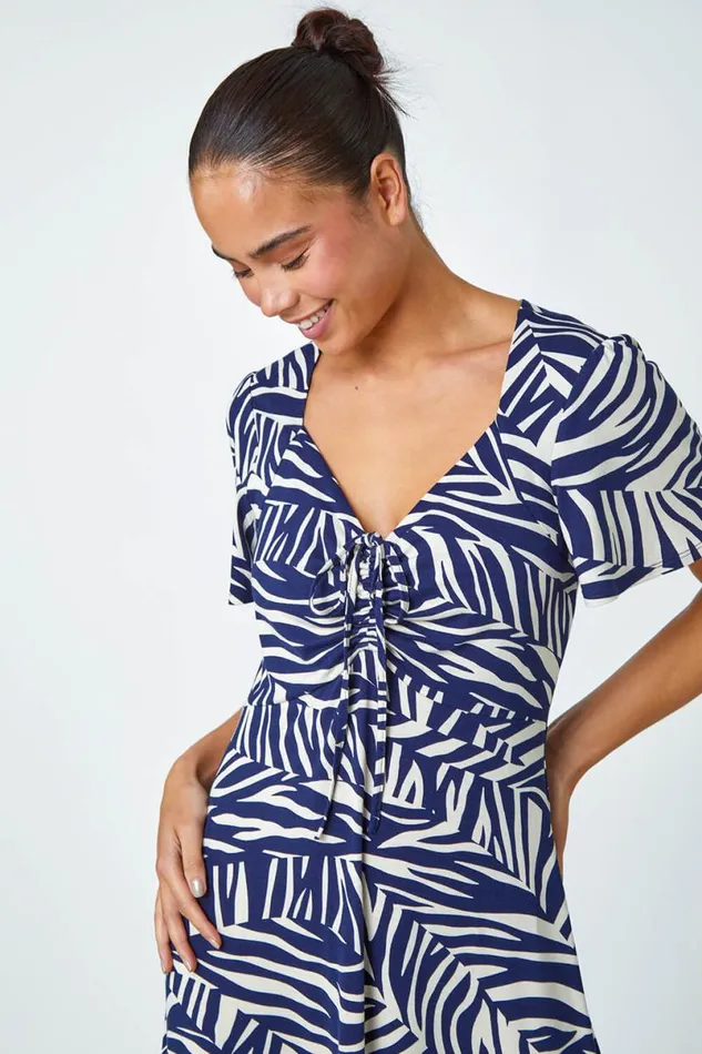 Navy Petite Animal Stretch Gathered Midi Dress Women Roman Dresses