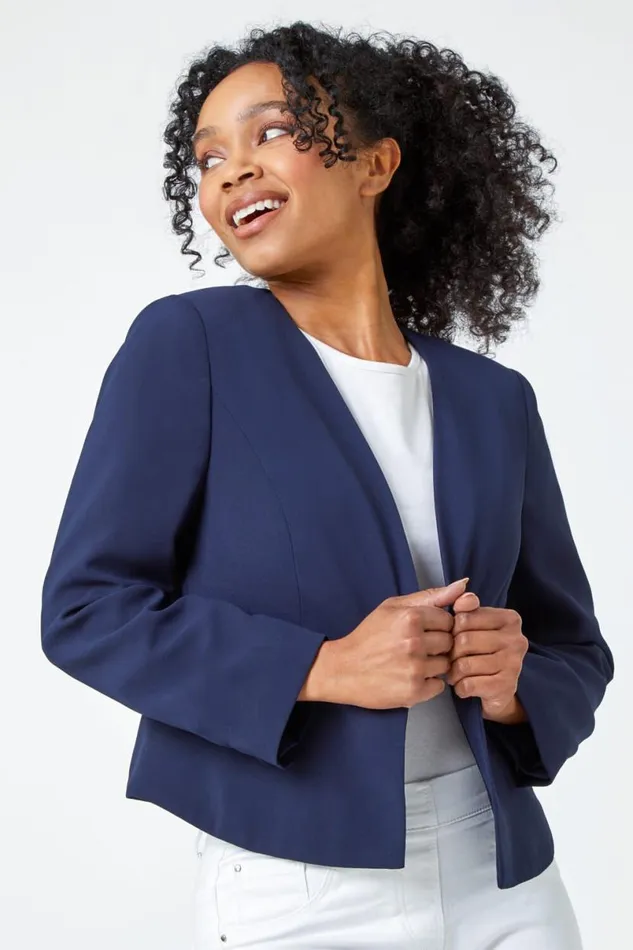 Navy Petite Button Detail Textured Jacket Women Roman Jackets