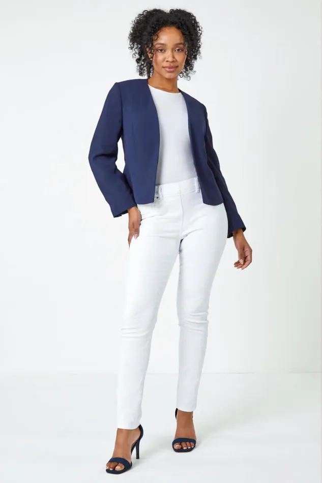 Navy Petite Button Detail Textured Jacket Women Roman Jackets
