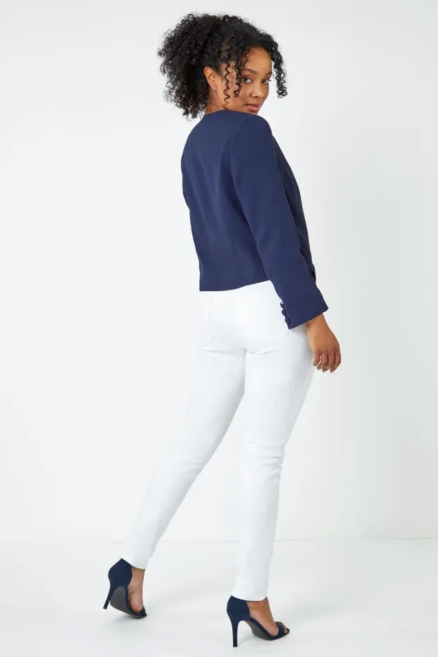 Navy Petite Button Detail Textured Jacket Women Roman Jackets
