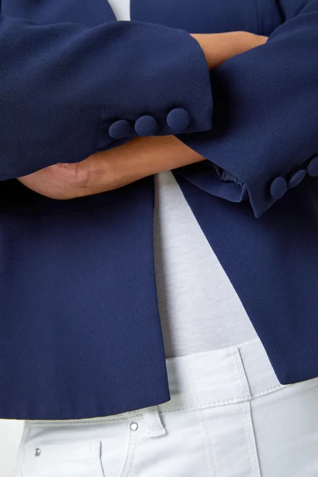 Navy Petite Button Detail Textured Jacket Women Roman Jackets