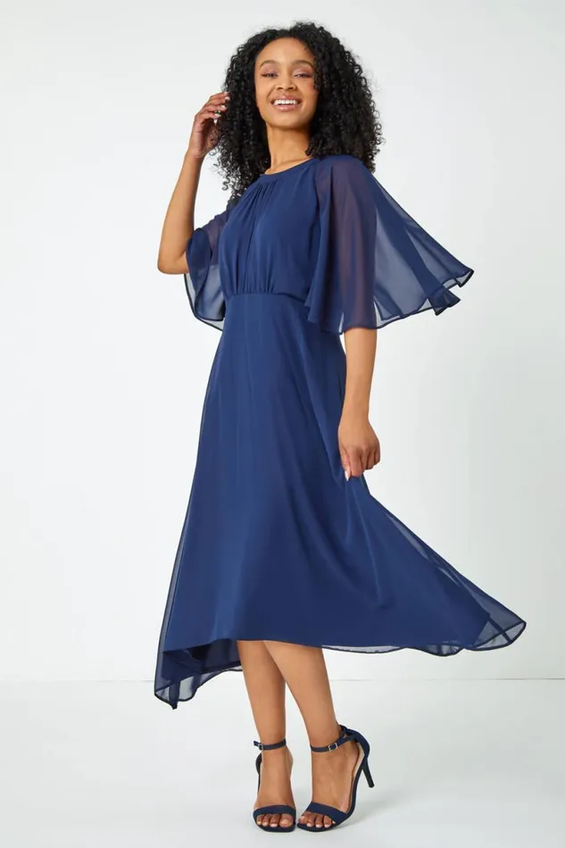 Navy Petite Chiffon Cape Midi Dress Women Roman Dresses
