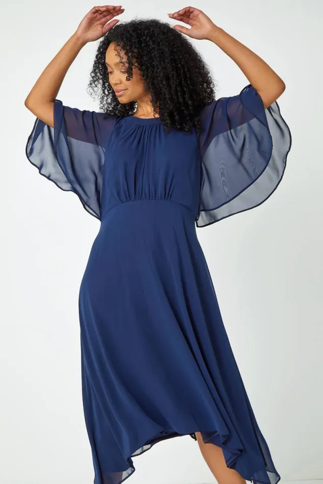 Navy Petite Chiffon Cape Midi Dress Women Roman Dresses