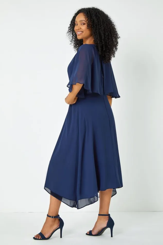 Navy Petite Chiffon Cape Midi Dress Women Roman Dresses