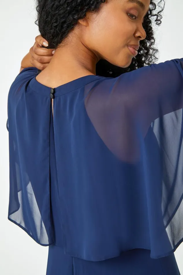 Navy Petite Chiffon Cape Midi Dress Women Roman Dresses