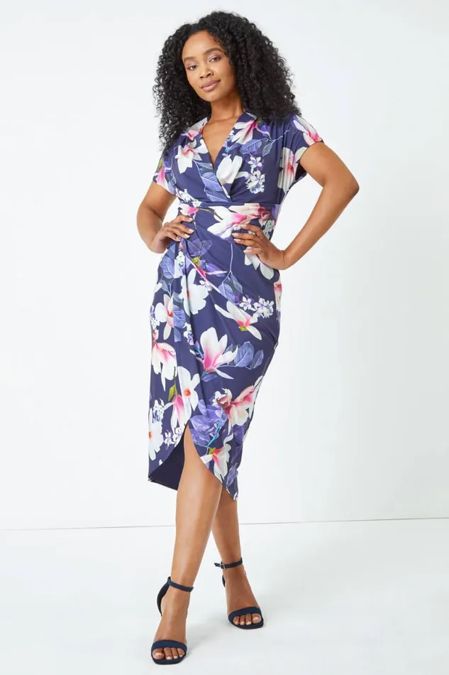 Navy Petite Ruched Floral Wrap Dress Women Roman Dresses