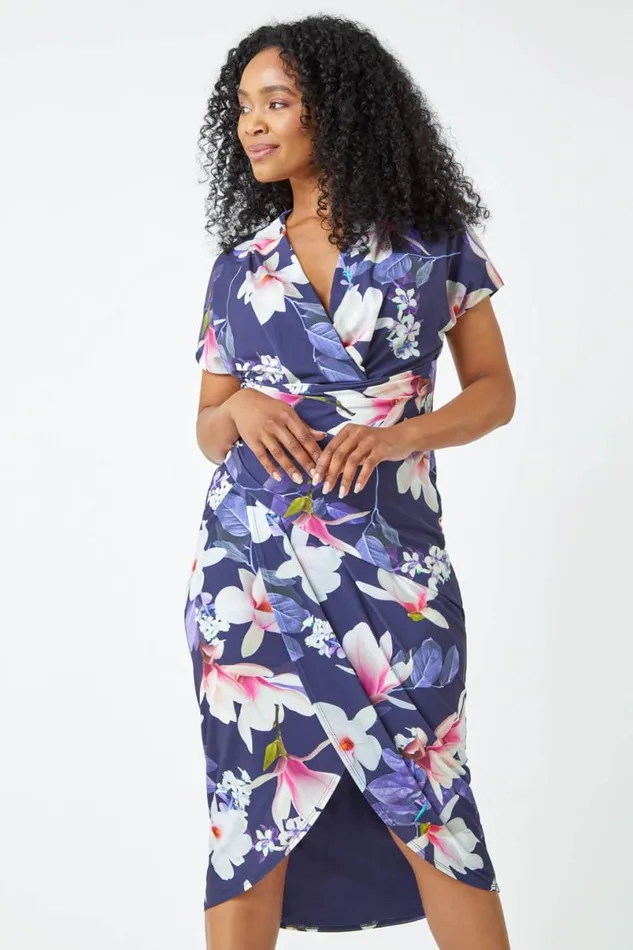 Navy Petite Ruched Floral Wrap Dress Women Roman Dresses