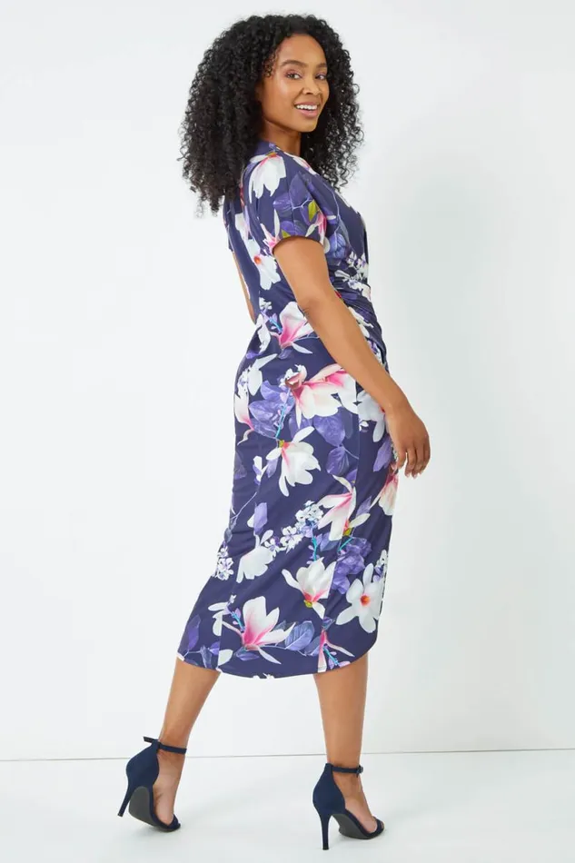 Navy Petite Ruched Floral Wrap Dress Women Roman Dresses