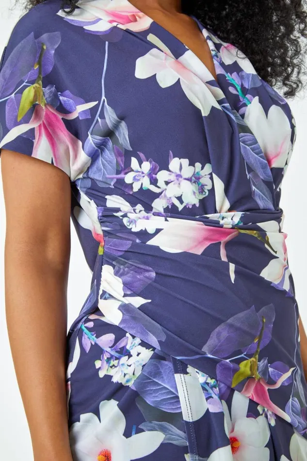 Navy Petite Ruched Floral Wrap Dress Women Roman Dresses