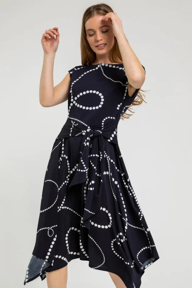 Navy Petite Spot Print Tie Waist Dress Women Roman Dresses