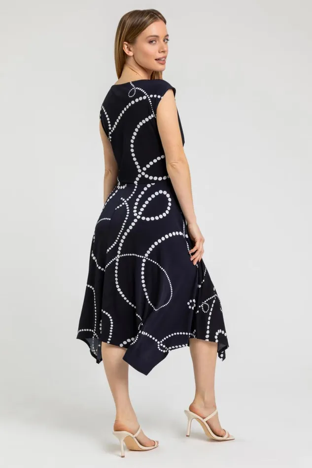 Navy Petite Spot Print Tie Waist Dress Women Roman Dresses