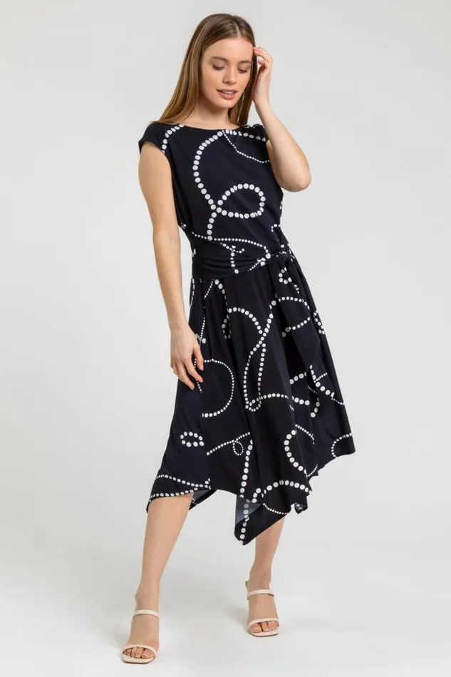 Navy Petite Spot Print Tie Waist Dress Women Roman Dresses