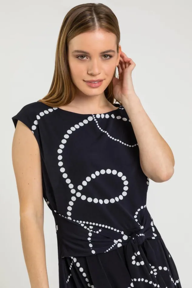 Navy Petite Spot Print Tie Waist Dress Women Roman Dresses