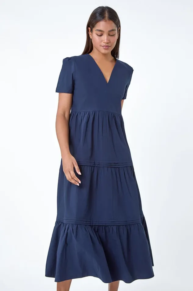 Navy Plain Cotton Tiered Maxi Dress Women Roman Dresses