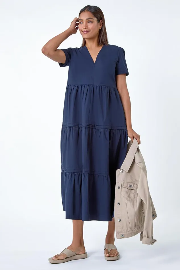 Navy Plain Cotton Tiered Maxi Dress Women Roman Dresses