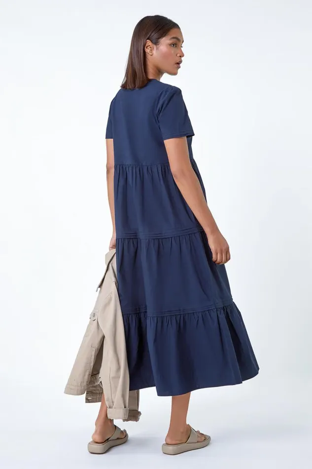 Navy Plain Cotton Tiered Maxi Dress Women Roman Dresses