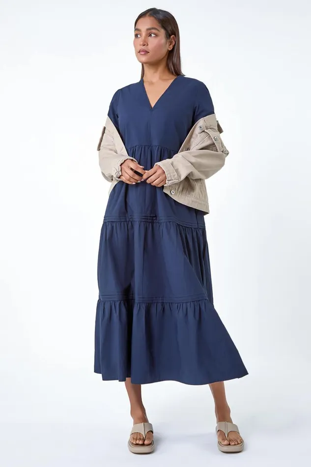 Navy Plain Cotton Tiered Maxi Dress Women Roman Dresses