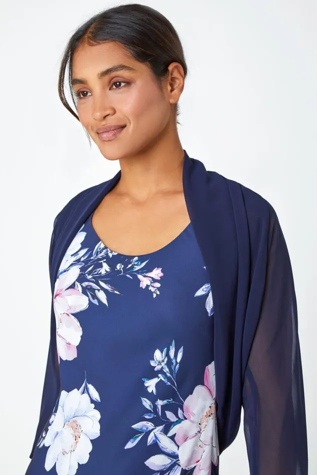 Navy Ruched Hem Chiffon Bolero Women Roman Tops
