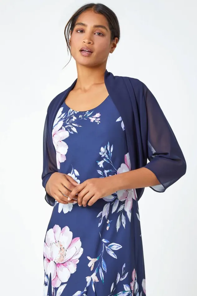 Navy Ruched Hem Chiffon Bolero Women Roman Tops