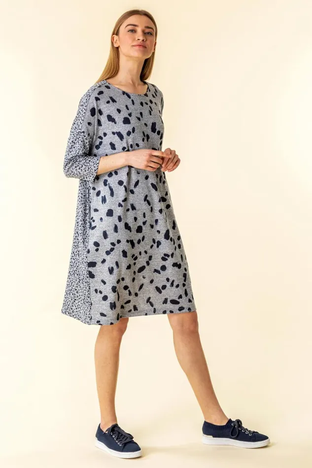 Navy Spot Print Pocket Jersey Dress Women Roman Dresses