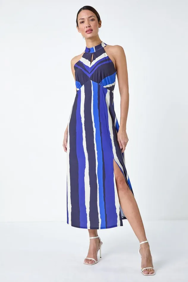 Navy Stripe Print Halterneck Midi Dress Women Roman Dresses
