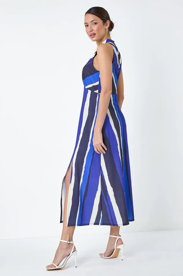 Navy Stripe Print Halterneck Midi Dress Women Roman Dresses