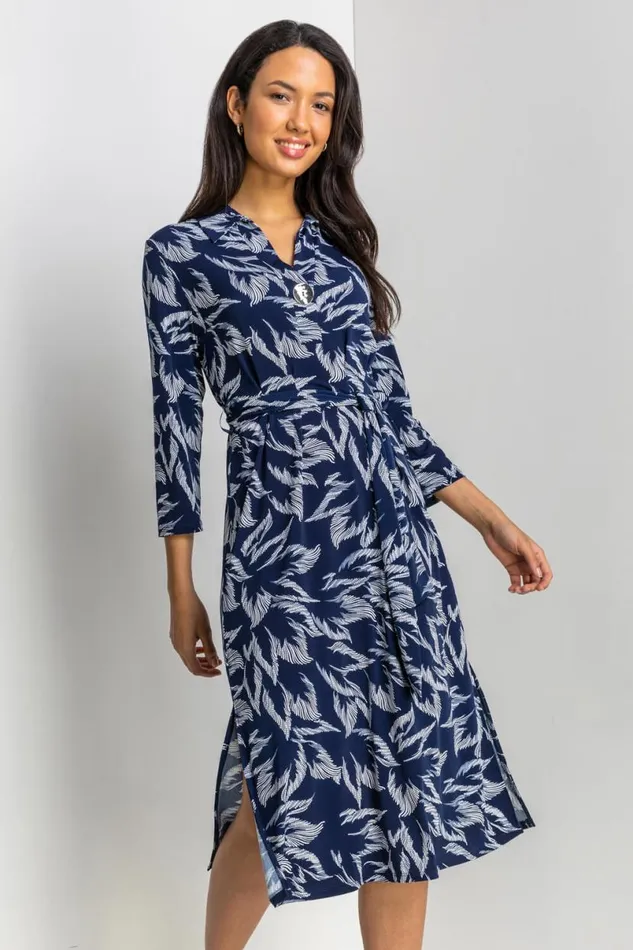 Navy Textured Leaf Print Midi Shirt Dress Women Roman Dresses