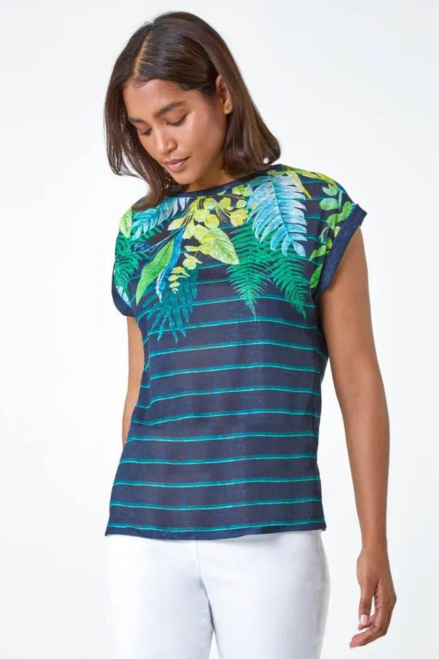 Navy Tropical Leaf Stripe Stretch TShirt Women Roman Tops