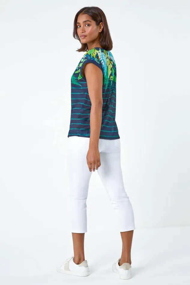 Navy Tropical Leaf Stripe Stretch TShirt Women Roman Tops