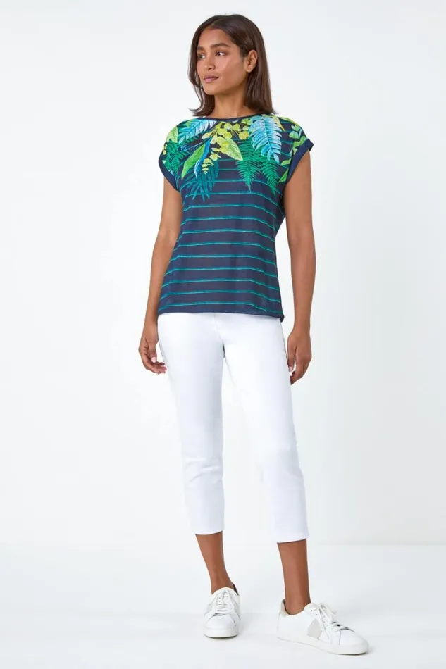 Navy Tropical Leaf Stripe Stretch TShirt Women Roman Tops