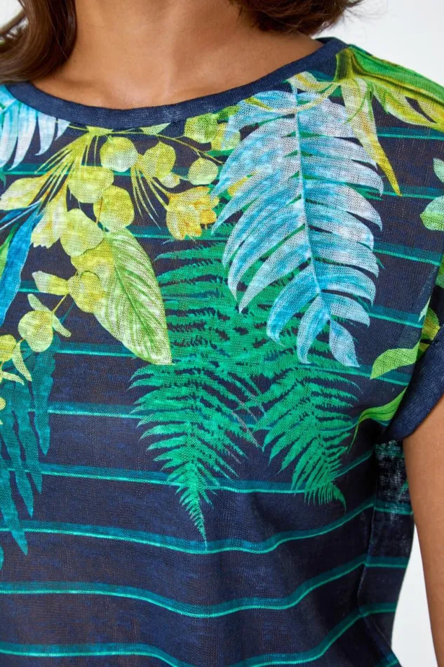 Navy Tropical Leaf Stripe Stretch TShirt Women Roman Tops