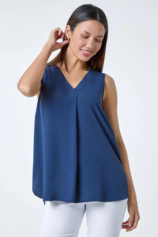 Navy VNeck Sleeveless Pleat Vest Top Women Roman Tops