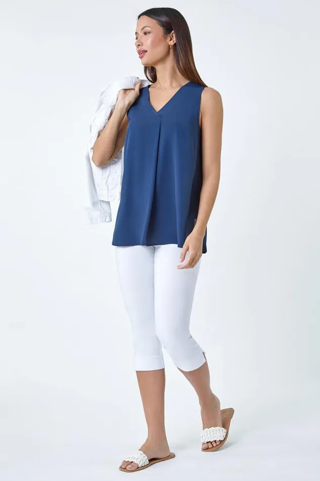 Navy VNeck Sleeveless Pleat Vest Top Women Roman Tops