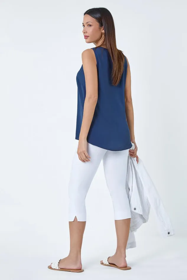 Navy VNeck Sleeveless Pleat Vest Top Women Roman Tops