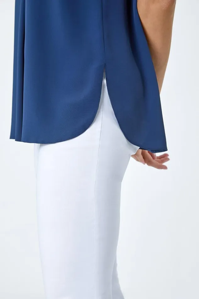 Navy VNeck Sleeveless Pleat Vest Top Women Roman Tops
