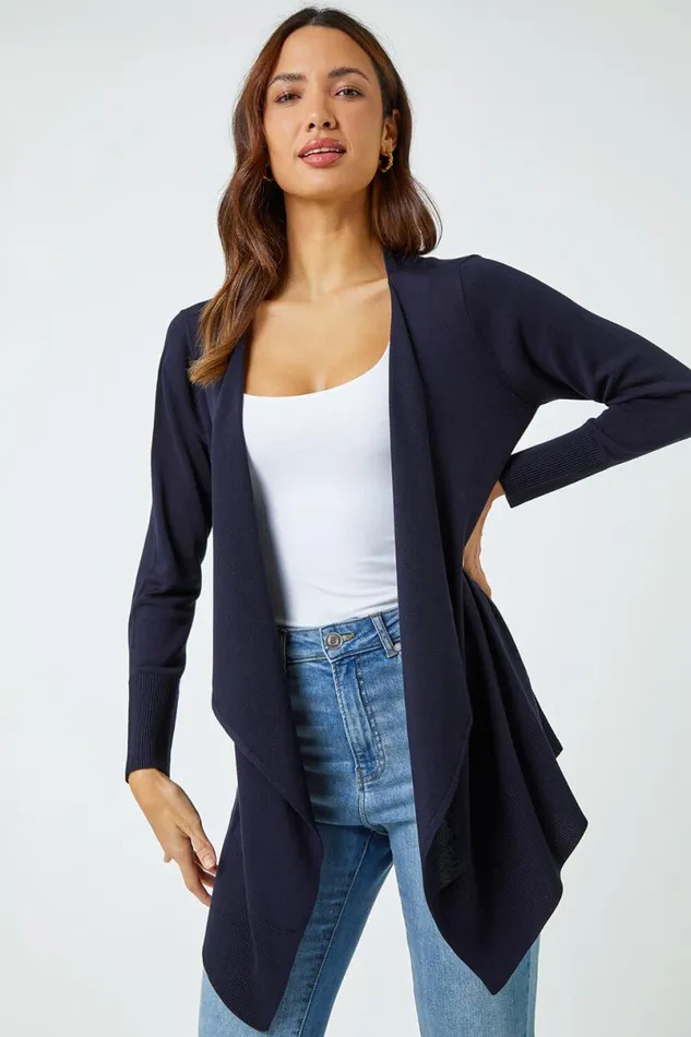 Navy Waterfall Front Knitted Cardigan Women Roman Knitwear